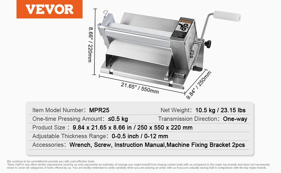 Manual Dough Sheeter Machine, Puff Pastry Sheeter and Fondant Roller, Removable Handle, Panel, Roller for Easy Cleaning, Max 1/2 inch Adjustable Thickness, for Home or Small Commercial Kitchens