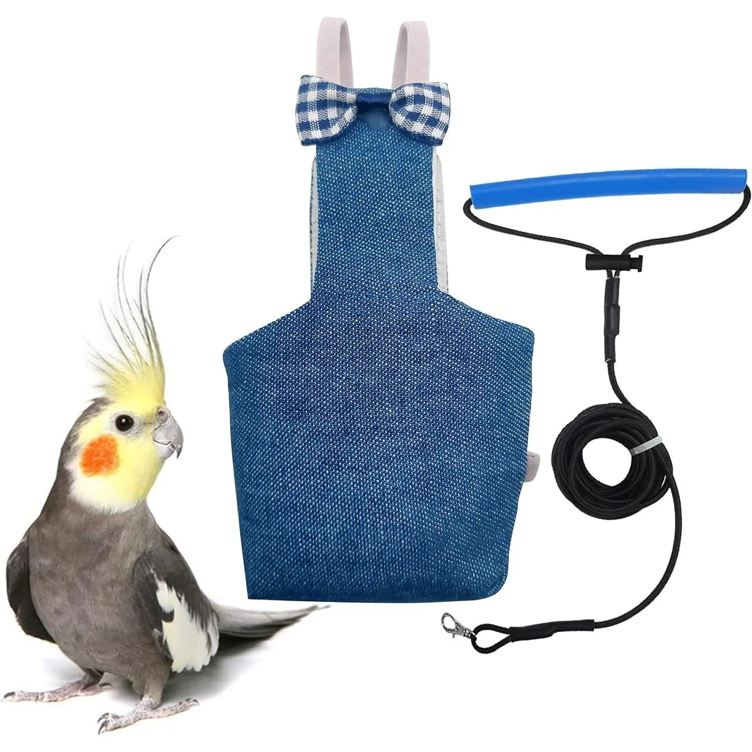 Bird Diaper Harness Flight Suit Clothes with 80 Inch Flying Leash Rope for Parrots Conure Cockatiel Pet Birds, M Size Denim, Weight 80-105 Grams, Including A Cotton Pad