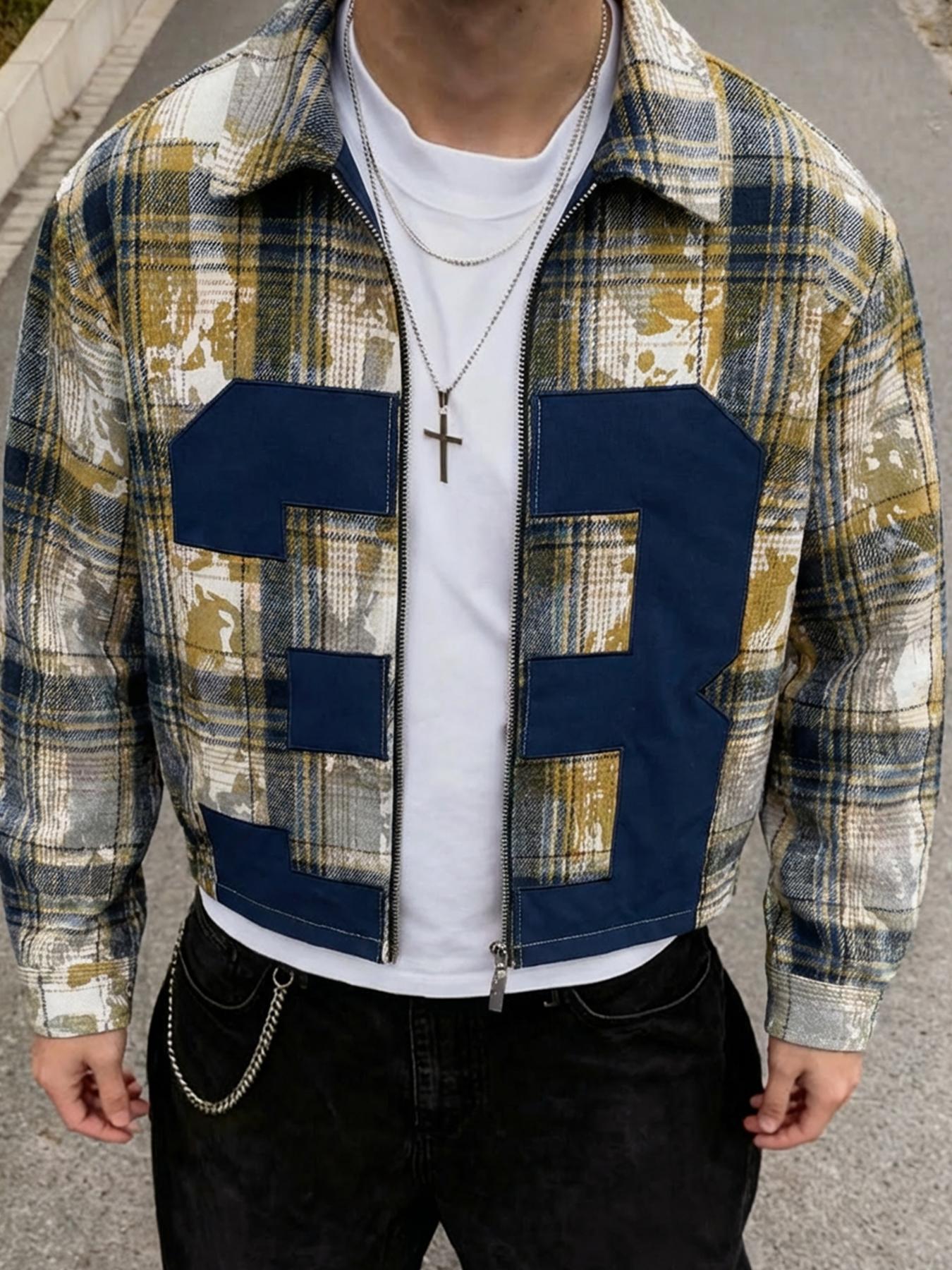Men's Blue/Yellow/White Checkered Bomber Jacket with Oversized "3" Number Design, Regular Fit Cozy Causal Top, for Urban Street Style
