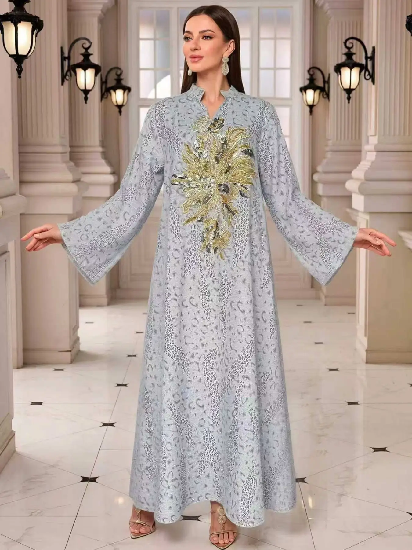 New Cross-Border Ethnic Style Abaya, Long Sleeve Fitted Dress with Floral Print, Elegant Muslim Robe for All Seasons