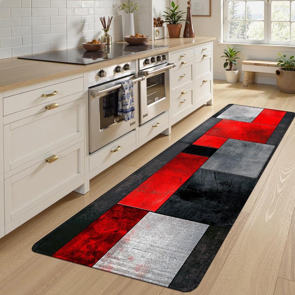 1PC， Red Black Gray Geometric Splicing Patterned strip rugs, home décor, bathroom mats, entryway mats, bathroom non-slip mats, indoor entrance rugs, bedroom bedside mats, kitchen mats, hallway rugs, flannel sponge rugs, hallway runner rugs