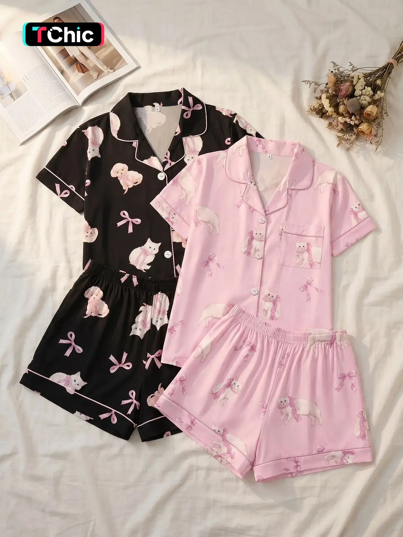Women's 2 Pack Short Sleeve Button Down Top and Shorts Pajama Set, Spring Summer Wear, Soft Girl Pastel White Cat Pink Bow Print, Cozy Gentle Cute Style, Soft Casual Sleepwear for Home