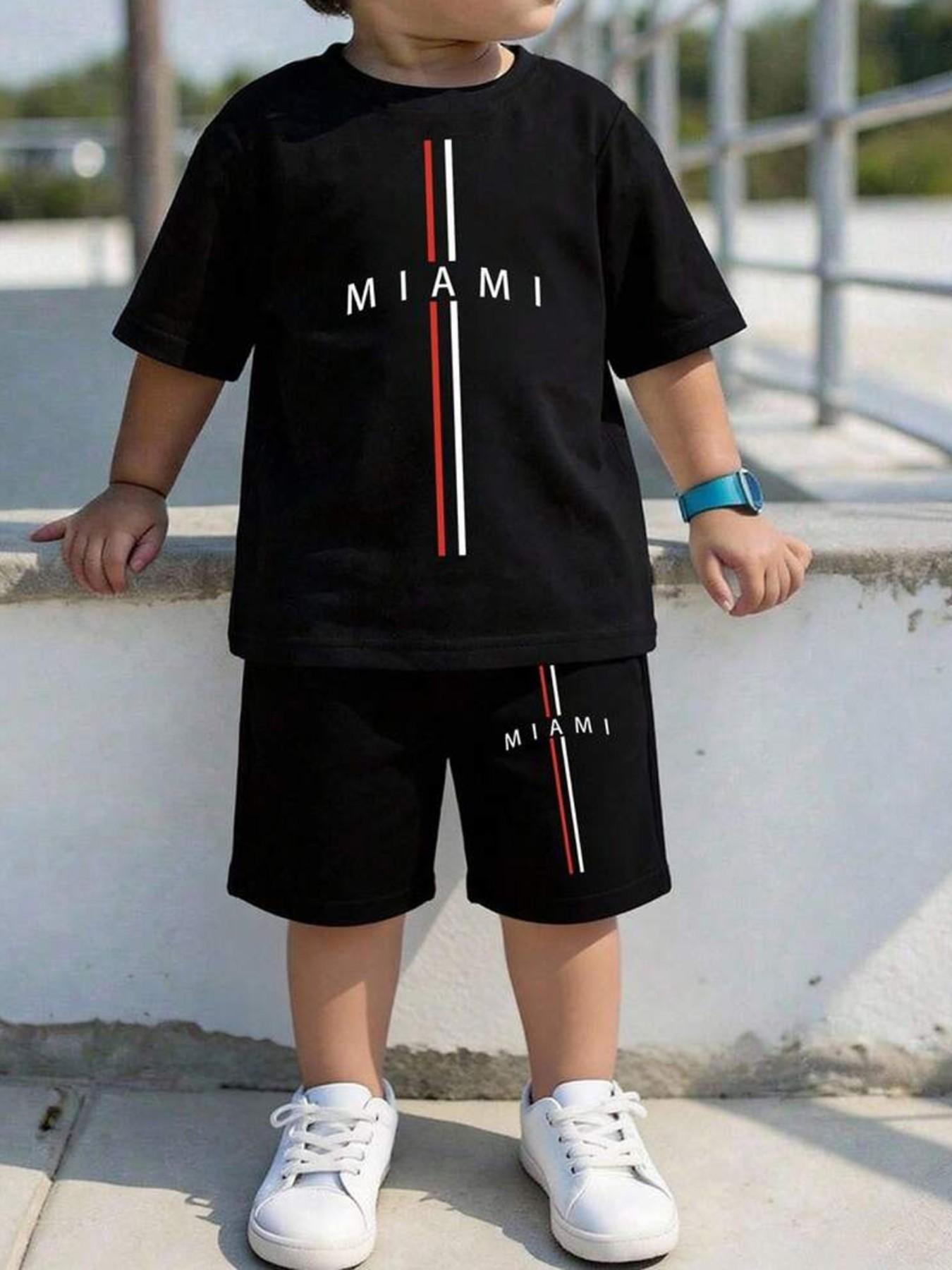Boys' Casual Striped Miami City Name Print Short Sleeve T-Shirt & Shorts Set, Summer Daily Wear, Youth Fashion Two-Piece, Clothing Sets, Outfit