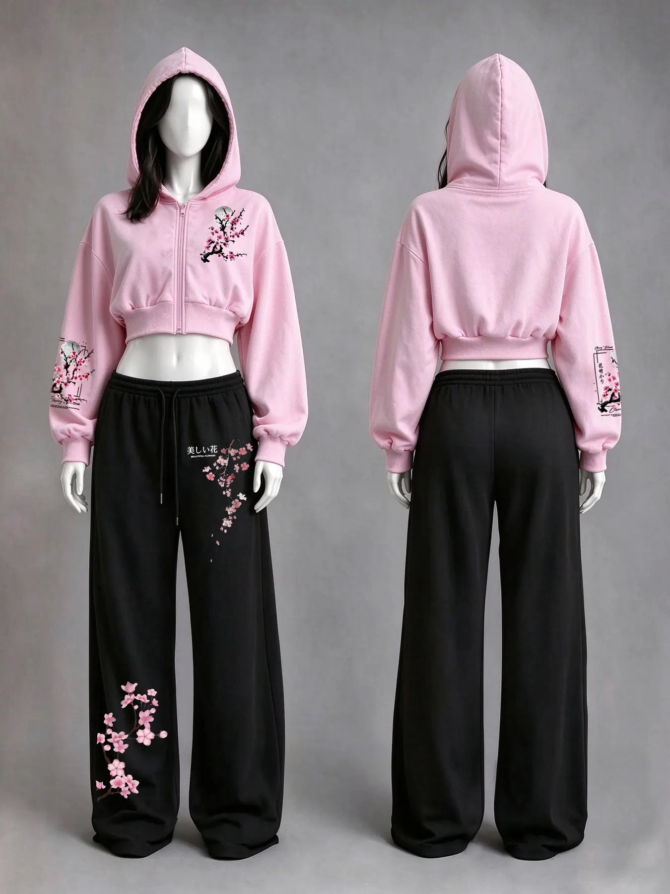 Women's Cherry Blossom Print Short Sweatshirt + Loose Pants Set, Japanese Casual Style, Spring & Fall, Daily & Outdoor Wear, Minimalist