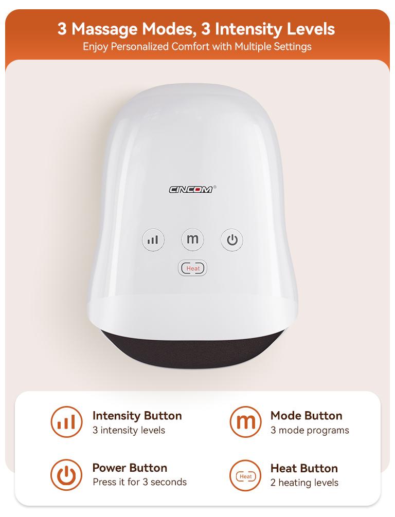 CINCOM Portable Hand Massager (WHITE), Cordless, with Comfort Heat and Gentle Massage, Adjustable Settings, Auto-Off Feature, Rechargeable, Perfect for Daily Relaxation, Ideal Gift