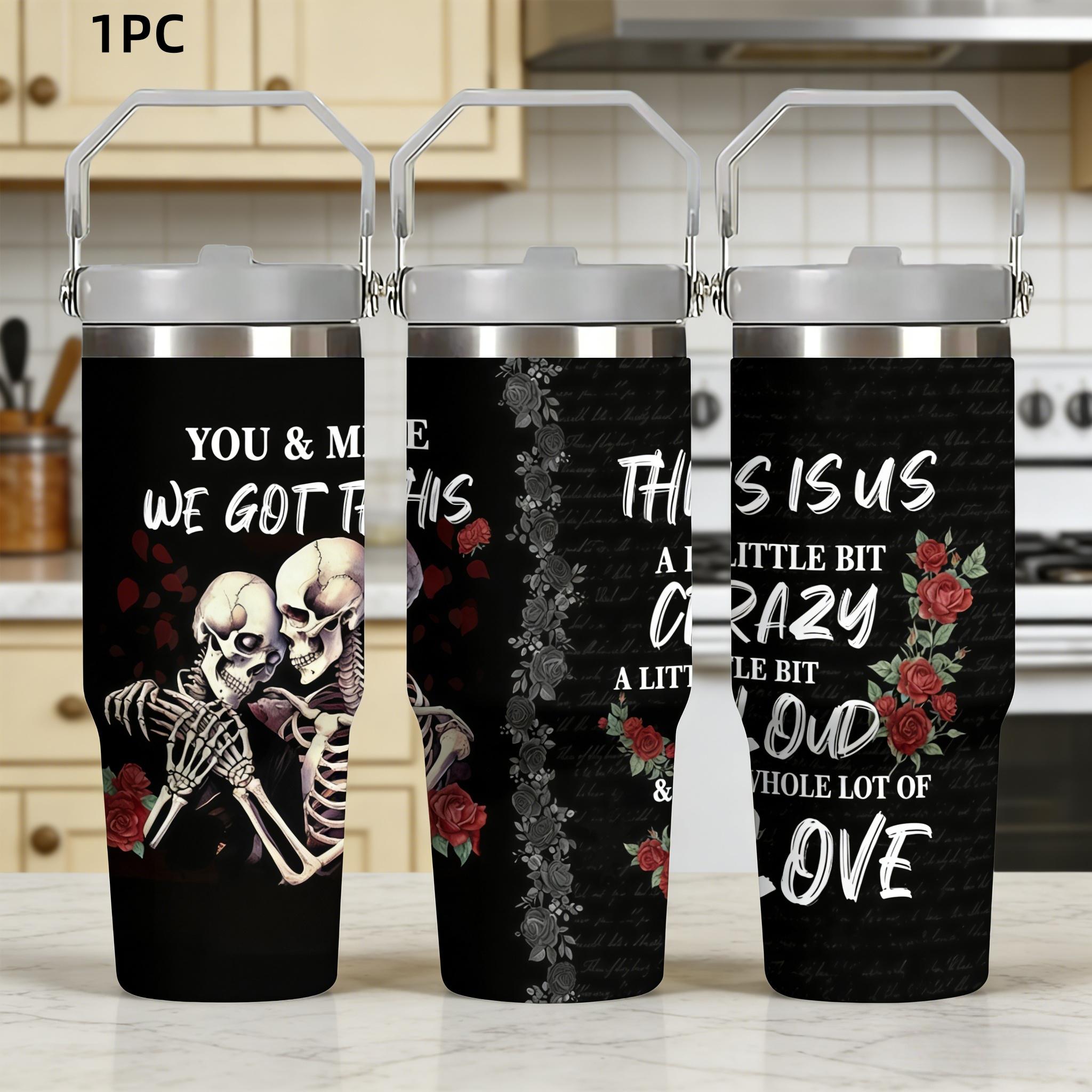 1pc 30oz Stainless Steel Insulated Mug - Gothic Style! Dark Skull and Rose Design - A Must-Have for Hot Girls! Comes with a handle and straw. Suitable for outdoor, sports, and indoor use. Birthday/Holiday Gift - Large Capacity Water Bottle