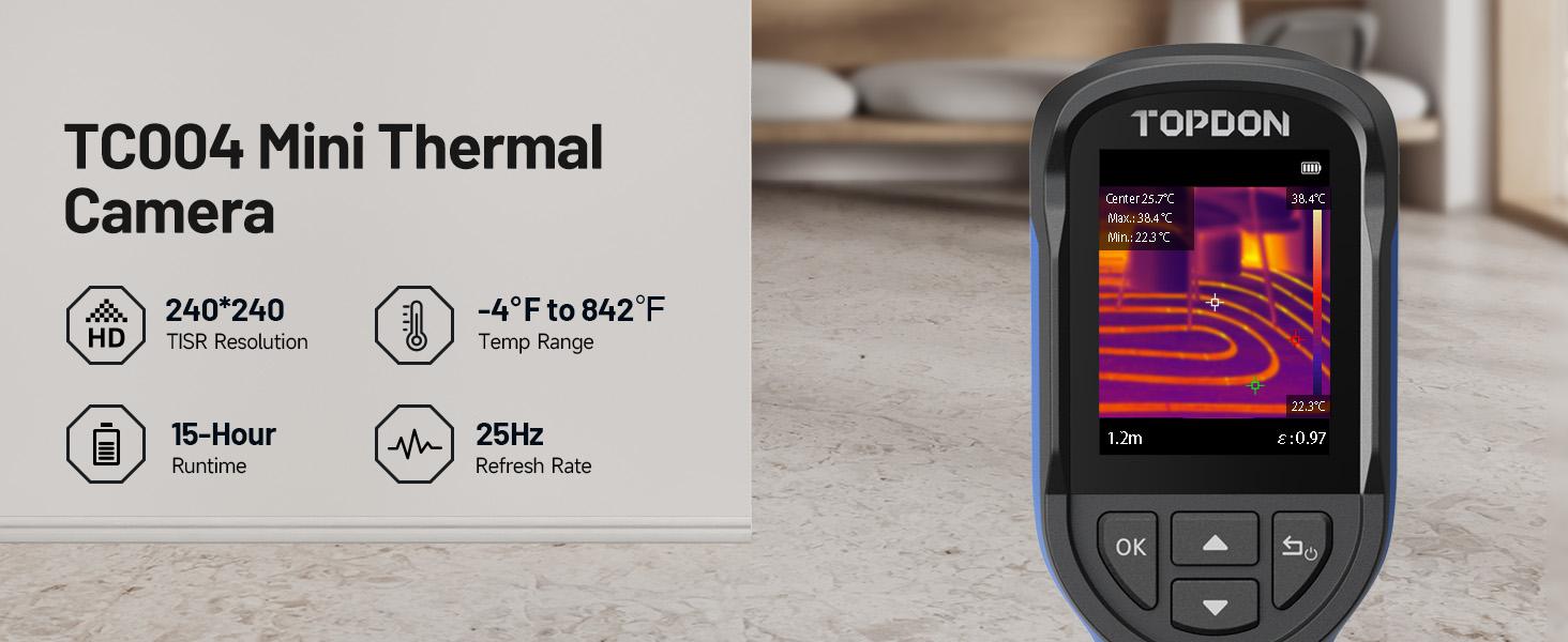 TOPDON TC004 Mini Handheld Thermal Imaging Camera, 240 x 240 TISR Resolution, -4°F to 842°F, 15-Hour Battery Life, 128 x 128 IR Resolution, 25Hz Infrared Camera