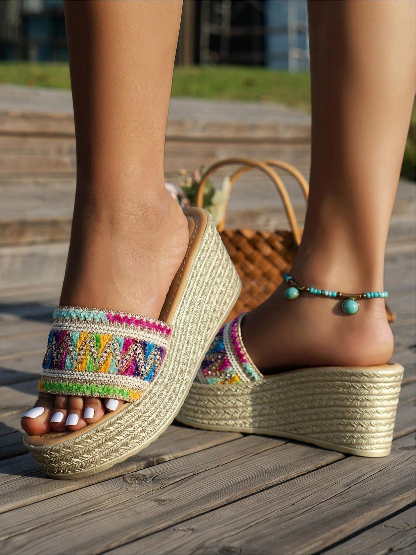 Vintage Bohemian Resort Style Handmade Crochet & Straw Wedge Heels, Breathable, Thick Sole, Anti-Slip, Multiple Sizes & Colors, Perfect for Daily Wear