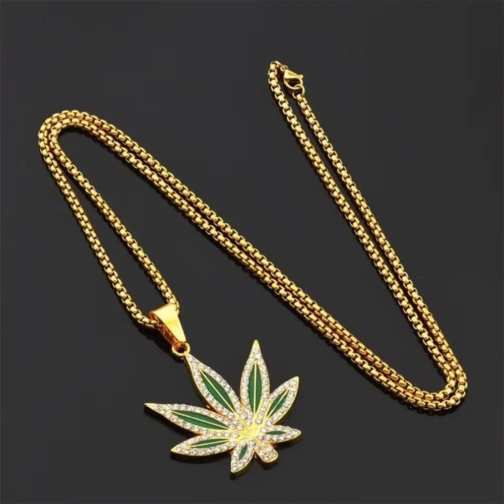 FTCY Rhinestone Maple Leaf Pendant Necklace For Men Women Personalized Punk Hip-hop Gold Color  Necklace Jewelry Gift