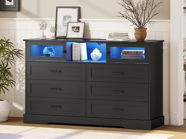 Hasuit | 47.2 Inch 6 Drawer Dresser with LED Lights and Charging Station Farmhouse Chest of Drawers Closet Organizer, Clothes Storage Cabinet