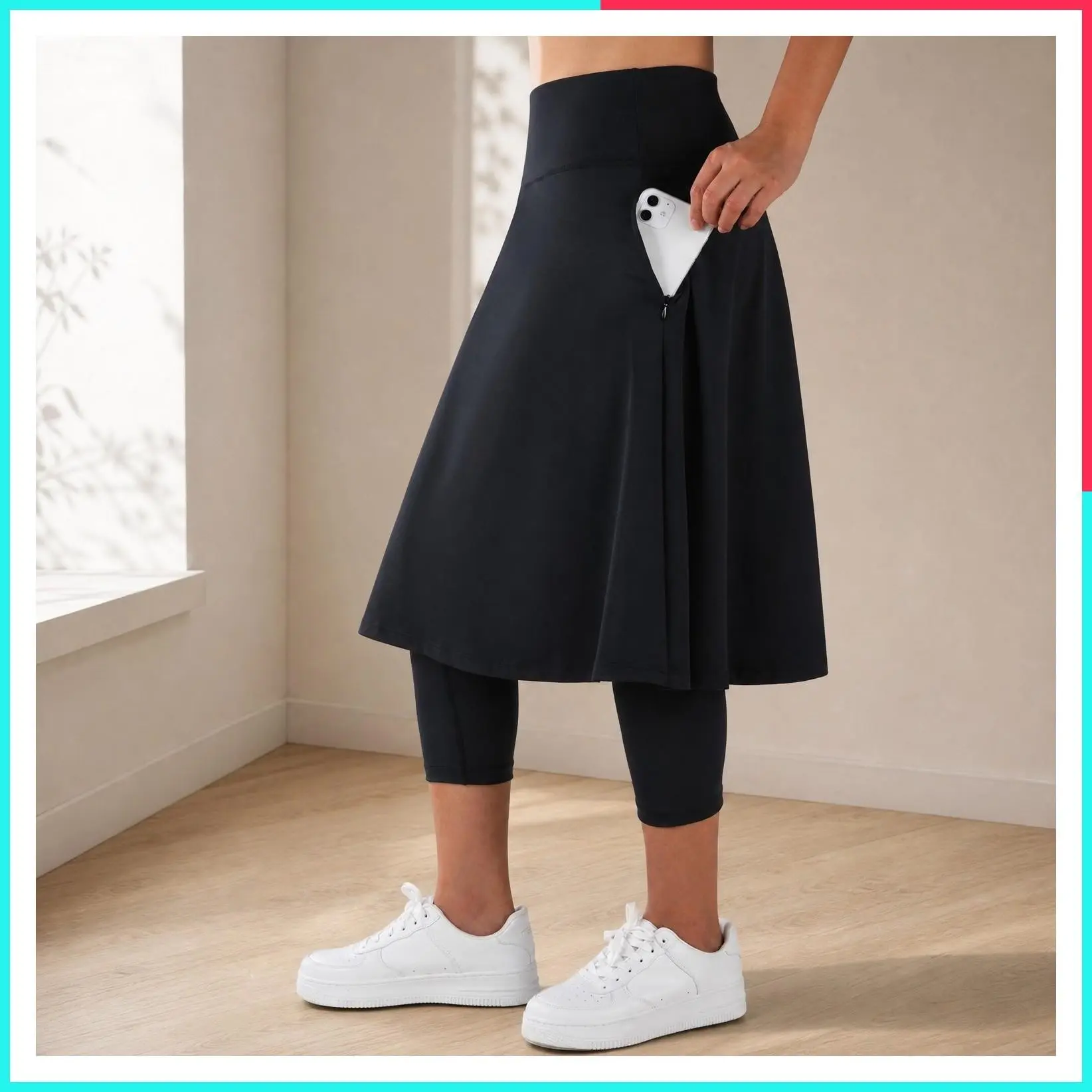 Women's Skirted Leggings with Pockets - High Waist, Zipper Pockets, 24" Knee Length, Modest Athletic Skirt, Lightweight & Comfortable for Workout, Travel, Casual