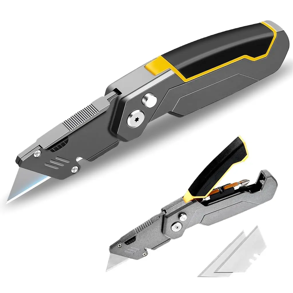 Utility Knife with TAC Blade & Aluminum Handle, Folding Box Cutter | Foldable Razor Knife with Durable Blades, Wire Cutter, Quick Change, Blade Storage, Includes 2 Extra Blades