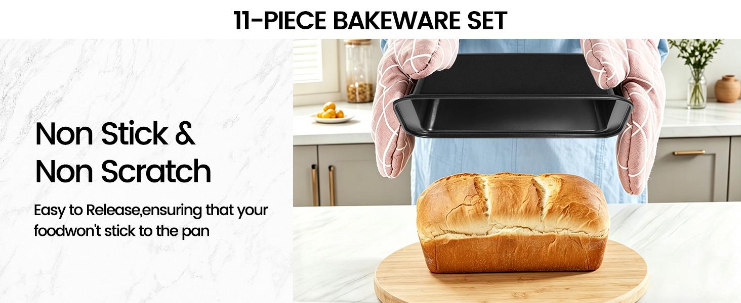 11-Piece Nonstick Baking Pans Set - Professional Grade Carbon Steel Bakeware with Premium Coating- Dishwasher Safe, Stackable, Oven Safe to 450 ° F (Black)