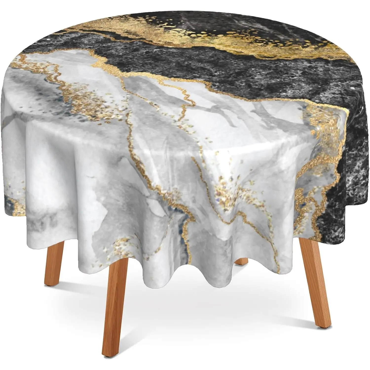 2D Flat Party Tablecloth 1pc, Gold Marble Round Tablecloth, Abstract Polyester Tablecloth for Home Kitchen Party Decor