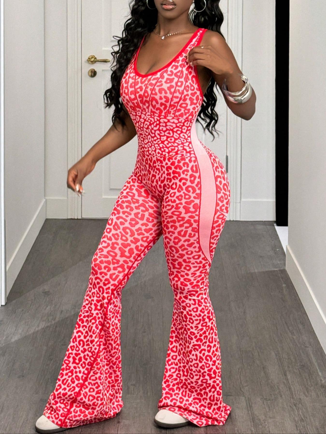 Shein Women's Seamless Leopard Print Yoga Jumpsuit, High Stretch Waist Cinching Micro Flare One-Piece, Removable Cup Pads, Backless Sports Jumpsuit