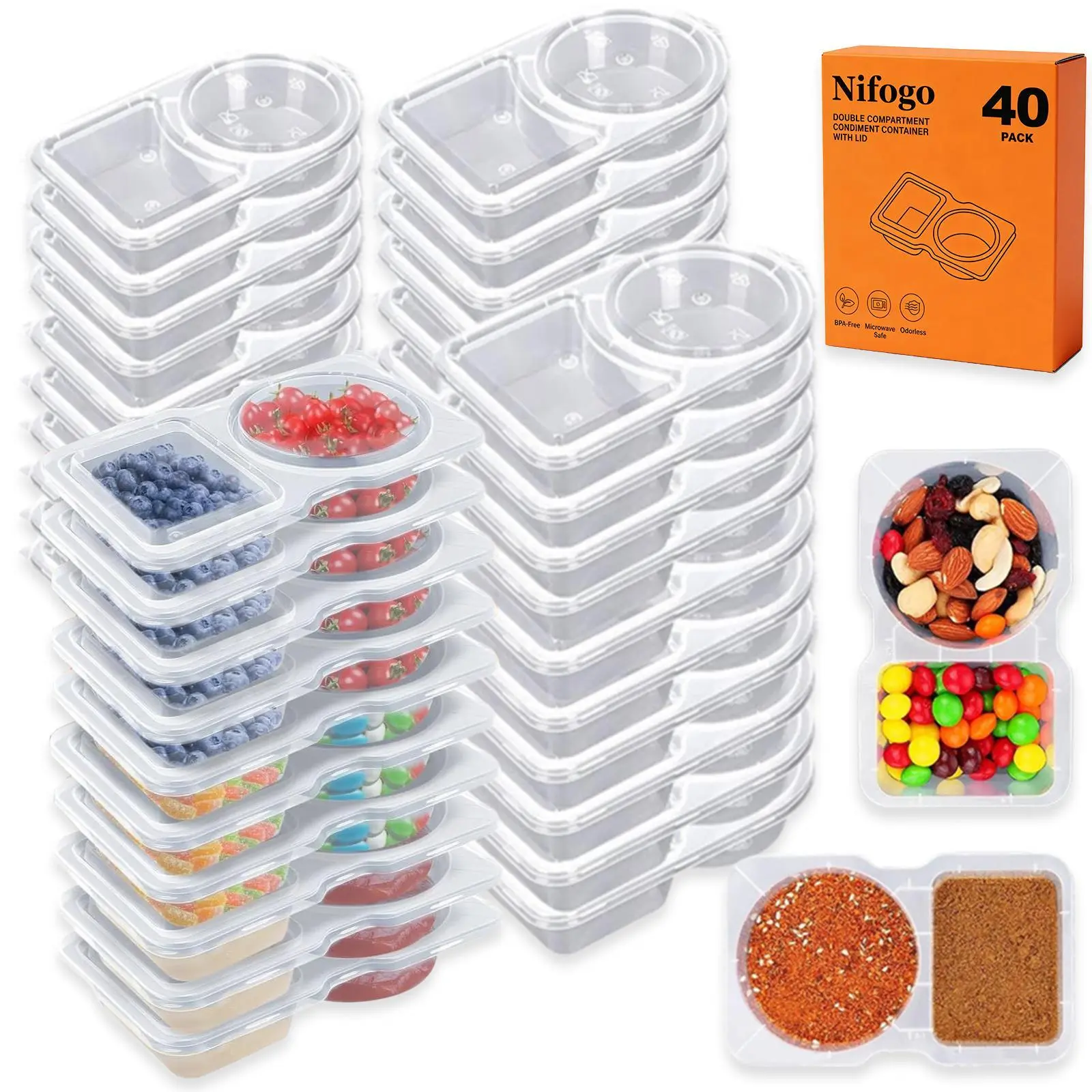 40-Pack Airtight Instant Sealing Food-Safe 2-Compartment Reusable Storage Containers with Lids, Portable Stackable 20pcs Snack Box for Kids, Bento Box Lunch Ideas, On-the-Go Snacks, Lunch for My Husband, Kitchen Use, Camping Food