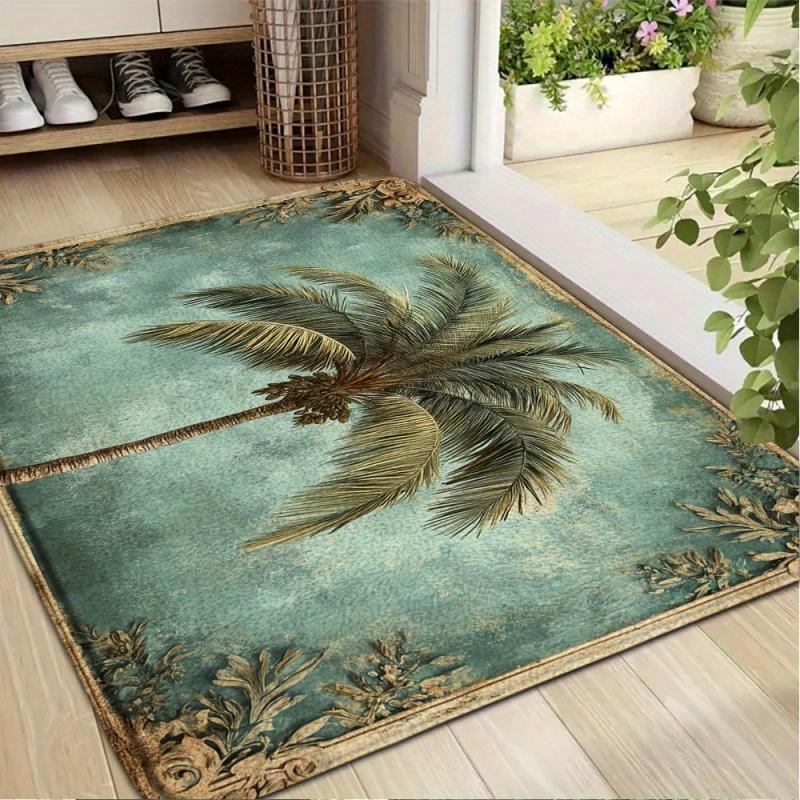 Tropical Retro Palm Tree Bath Mat Teal Background Eco Friendly Skin Friendly Ultra Soft Flannel Floor Rug Premium Non Slip Durable Absorbent Decorative Doormat For Bathroom Bedroom Living Room Kitchen Balcony Entryway Indoor Home Decor set