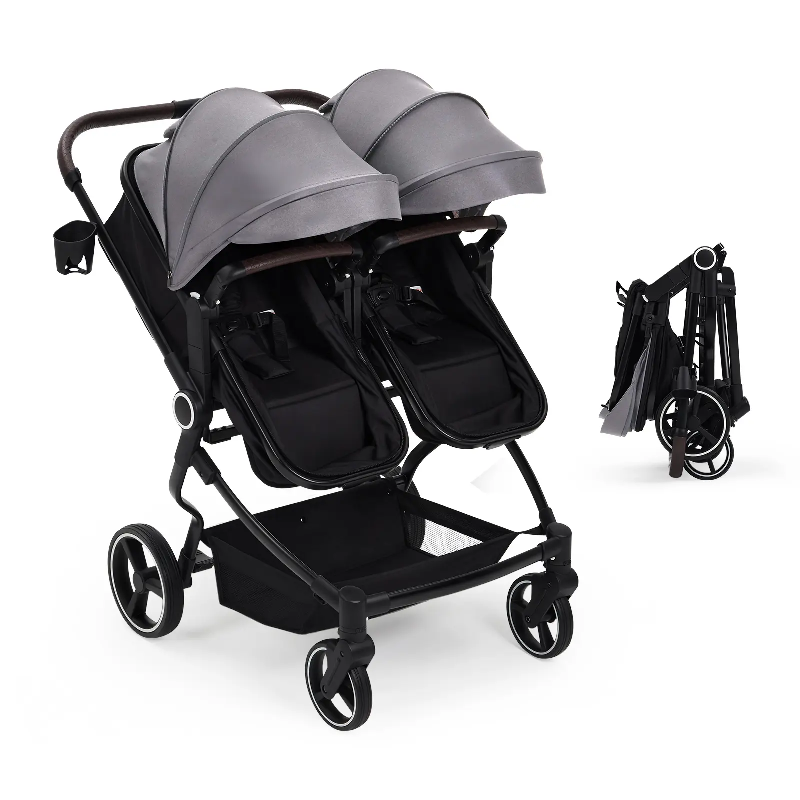Lightweight Side by Side Double Stroller for Twins – Collapsible High Landscape Seats, Adjustable Canopy & Recline, Compact Travel Design, 5-Point Harness – Dark Grey/Light Grey