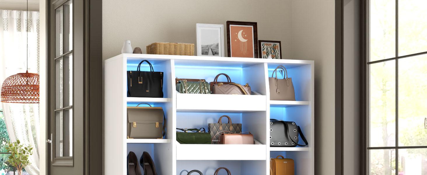 Shoe Storage Cabinet with 5 Drawers & 12 Shelves, Modern LED Shoe Rack & Handbag Storage Cabinet, Freestanding Shoes and Handbag Storage Organizer for Closet