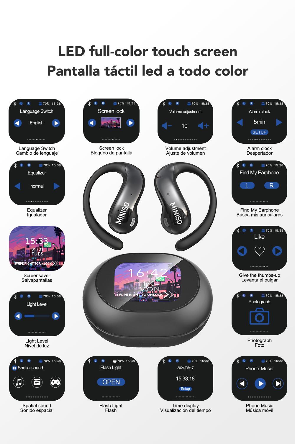 MINISO MS188 Translatable Smart Headphones, LCD Wireless Bluetooth Earphones With 134 Languages,OWS Open Ear Headsets with Mic Charging Box Earbuds Christmas gifts