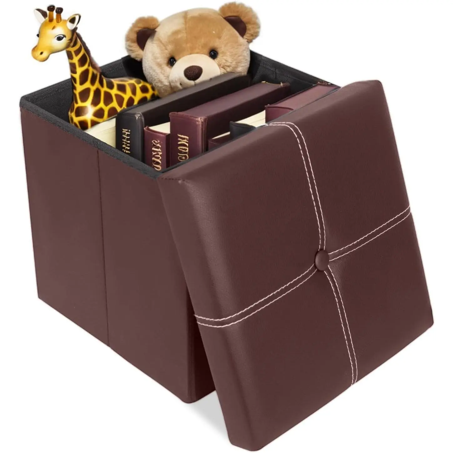 Small Folding Storage Ottoman Cube, Faux Leather Footrest Bench with Storage, Foot Rest Stool for Living Room, Bedroom, Dorm, 11.8 x 11.8 x 11.8 inches, Brown