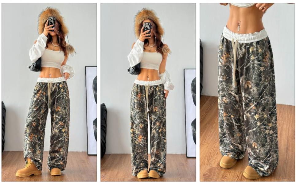 Spring Camo Pants Wide Leg Baggy Sweatpants Elastic Waist Drawstring Loose Pants Trendy Y2K Drawstring Trousers Spring Camo Pants Wide Leg Baggy Sweatpants Elastic Waist Drawstring Loose Pants Trendy Y2K Drawstring Trousers