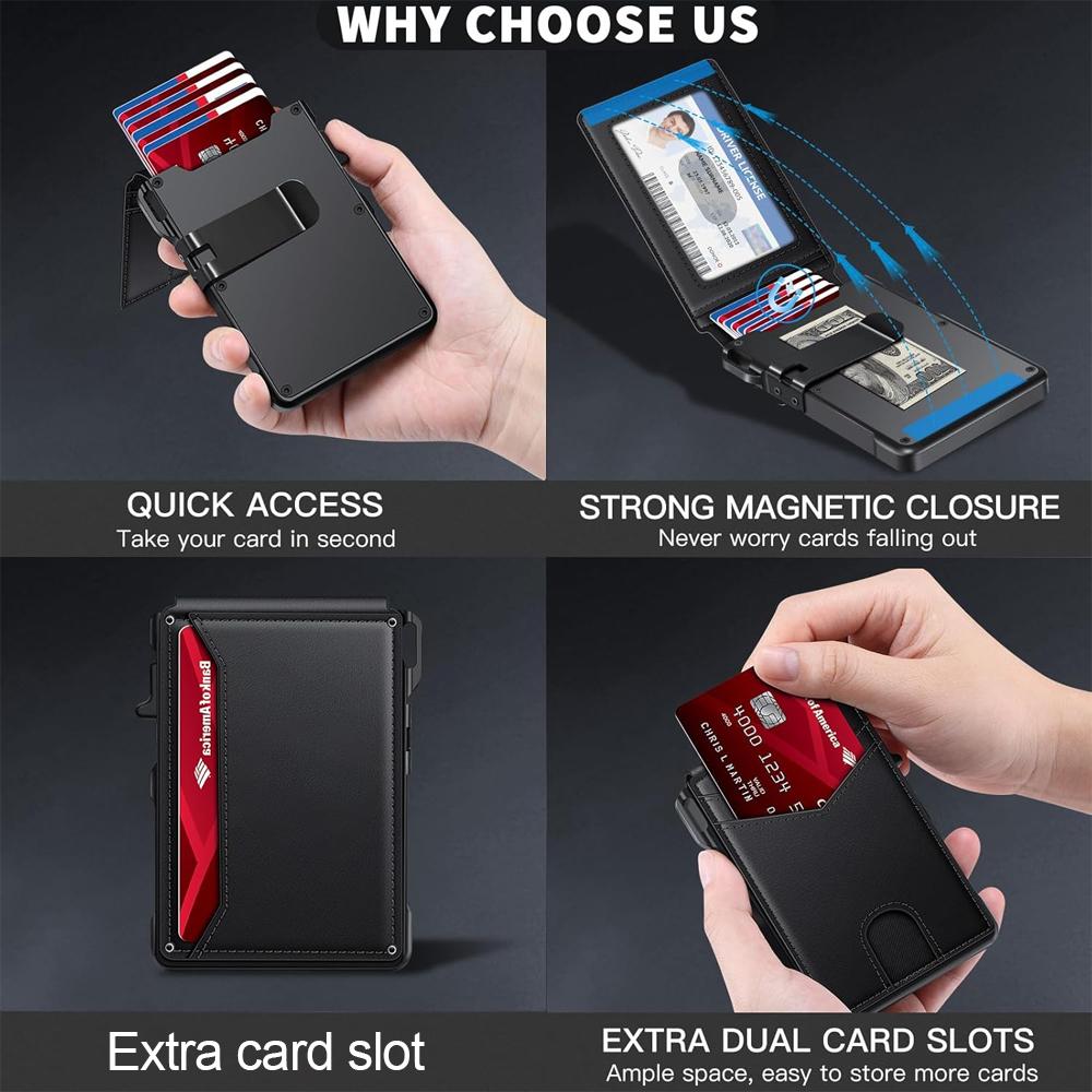 Minimalist Men’s Slim Wallet: 9 - 13 Cards, Money Clip, ID Window. RFID - Blocking, Aluminum Bifold Pop - Up SpringStatements
