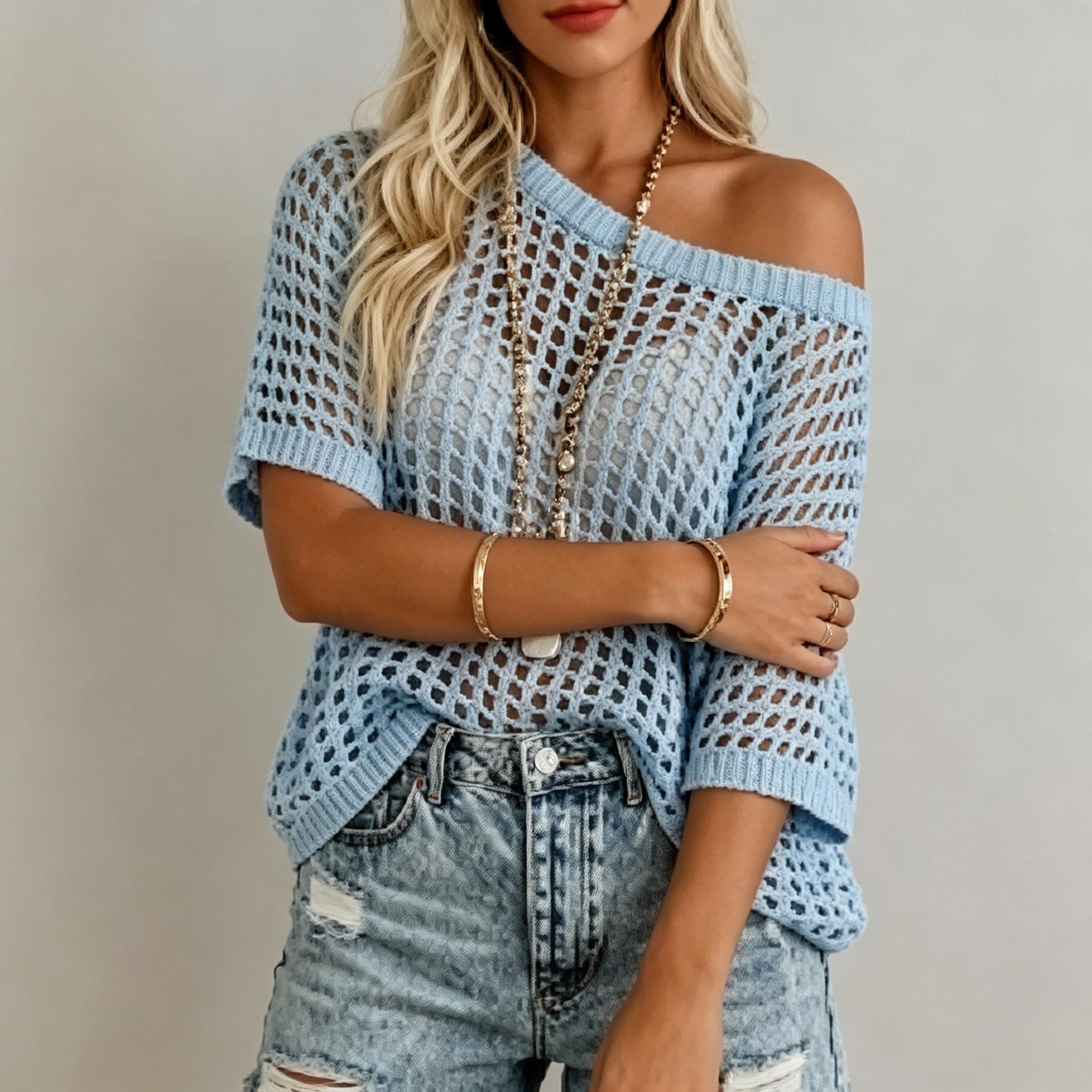 Women's Crochet Knit Hollow Out Slouchy Sweater Loose Fit Drop Shoulder Crop Top Casual Beach Cover Up