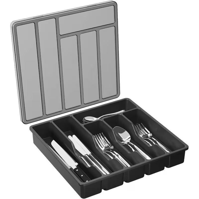 Six-Compartment Covered Cutlery Organizer Box, Ideal for Restaurant Knife Fork Storage, Durable Design for Efficient Organization