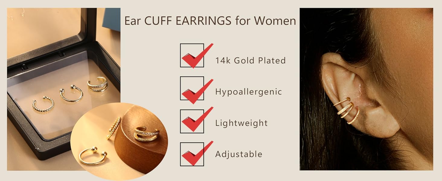 Fansilver 3count Ear Cuff Earrings for Women Non Piercing 14K Gold Plated Ear Cuffs Clip on Cartilage Earrings Adjustable Fake Earrings Lightweight Back to School Soft Copper Material