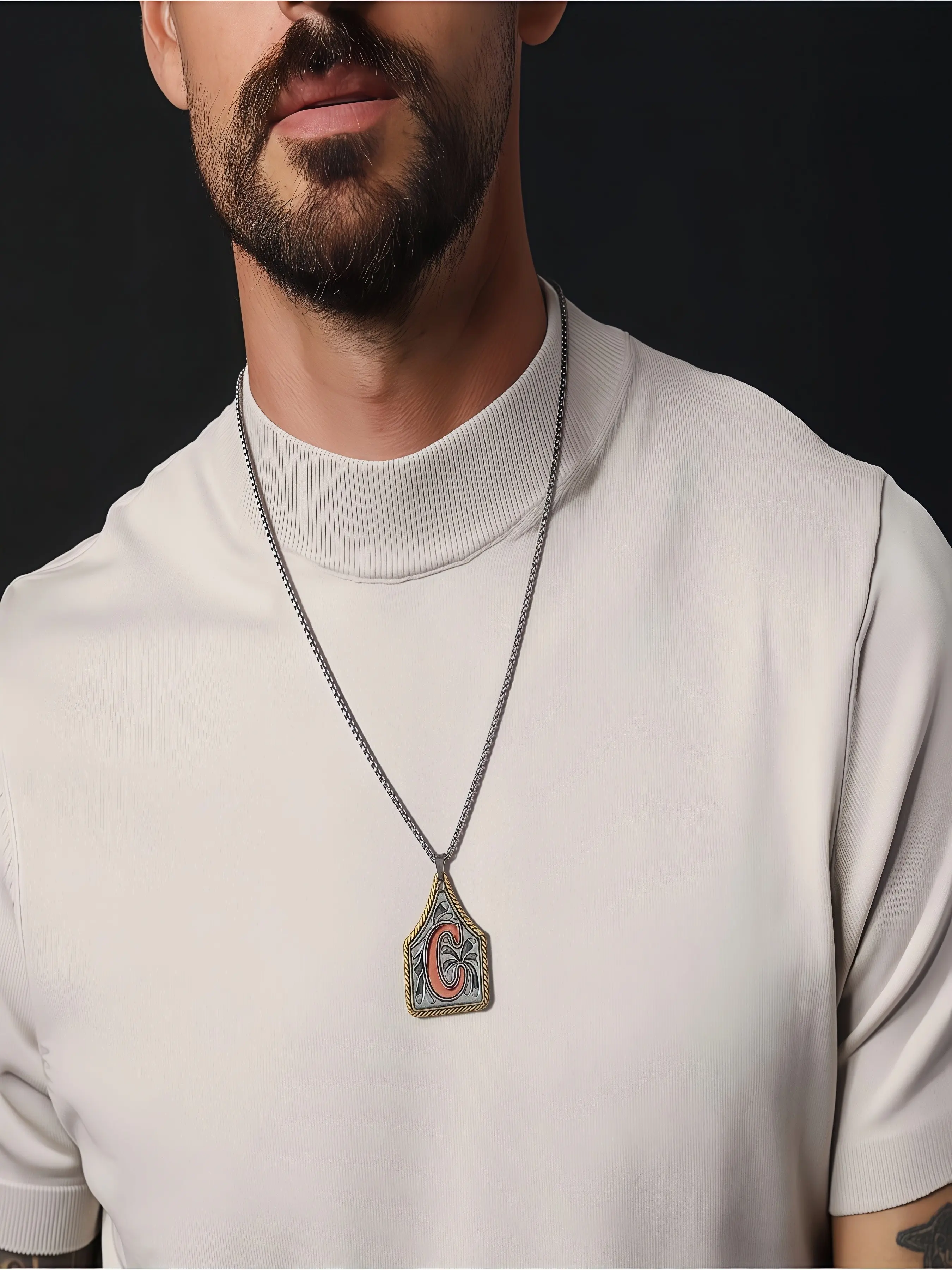 Men's Western Retro Initial Pendant Necklace, A-Z Letter Shield Tag with Floral Engraving, Silver Color Cowboy Style, Stainless Steel Chain