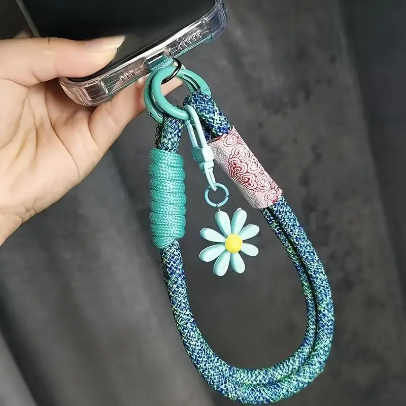 Durable Braided Wrist Rope Phone Lanyard with Non-Slip Portable Chain & Floral Charm Pendant - Stylish Hands-Free Hands-Free Design for Women Girls, Secure Phone Attachment for Running, Gym, Commuting