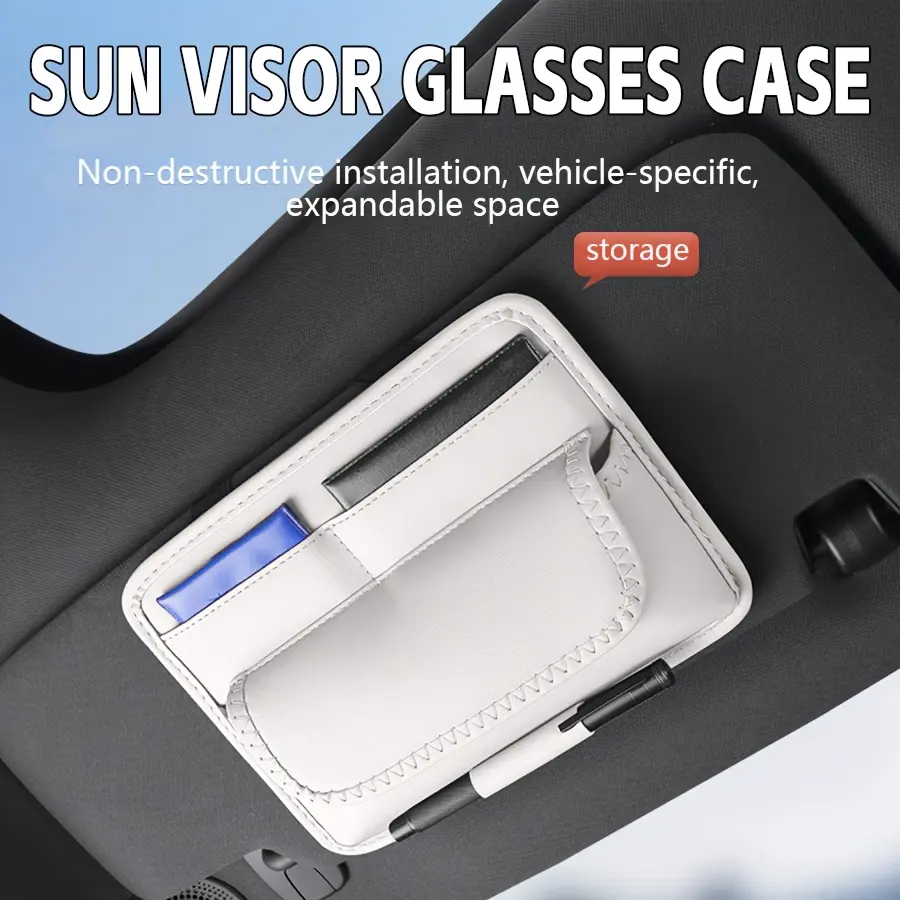 Sun Visor Storage Bag, Multi-Pocket Sun Visor Organizer with Sunglasses Holder, Document Holder, and Visor Clip; Suitable for Cars, SUVs, and Trucks; Faux Leather Car Interior Accessory