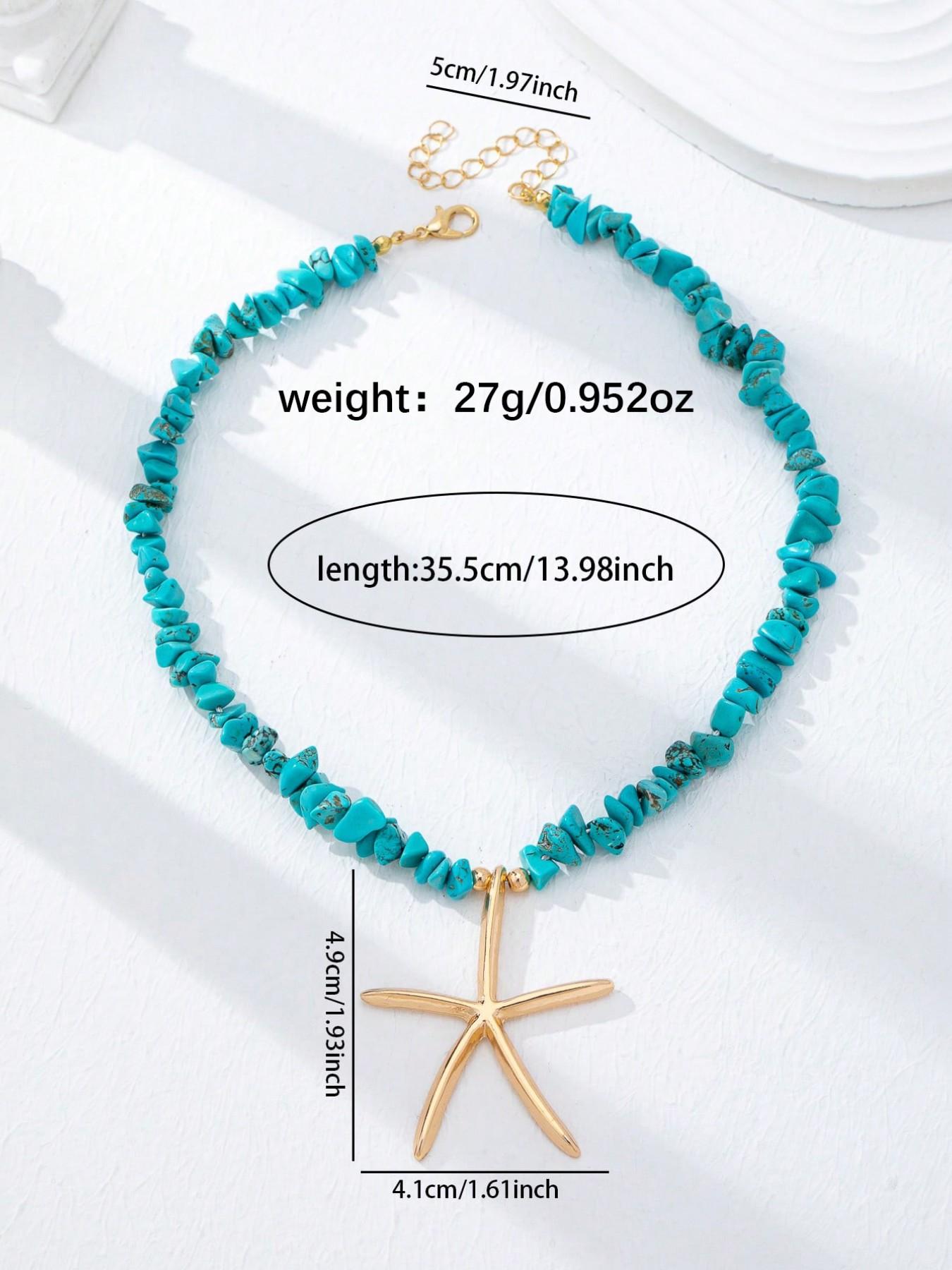 4 Pc Summer Bohemian Boho Unique Aesthetics Versatile Starfish Pendant Handmade Turquoise Stone Beaded Layered Necklace, Carabiner Locket Necklaces with Fish Coral Charms, Beach Vocation Jewelry Accessories