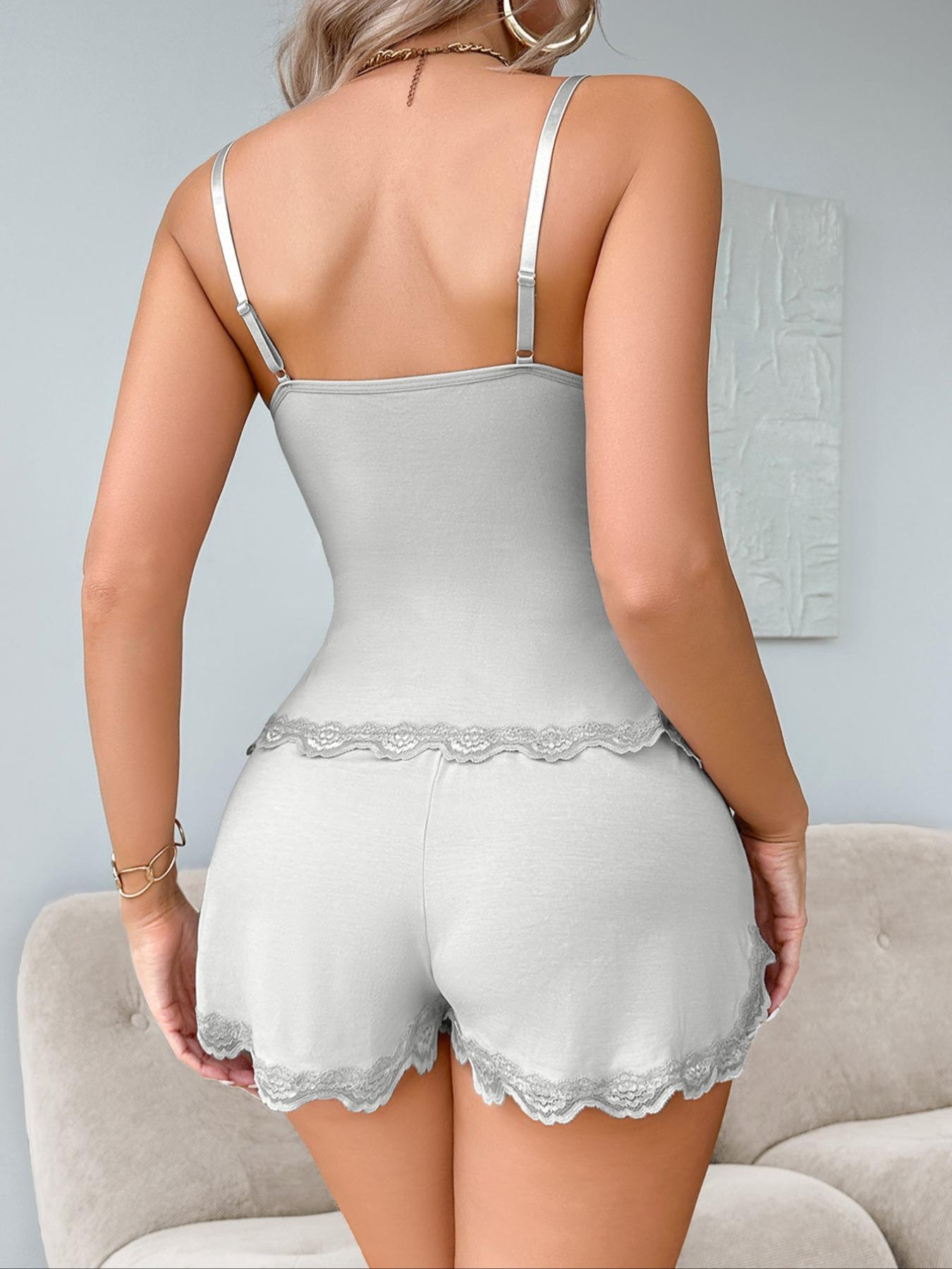 Women's Lace Trim Cami Top & Shorts Pyjama, Casual Solid Spaghetti Strap Camisole & Shorts Pj Set, Women's Sleepwear for All Seasons, Womenswear, Lady Soft Comfy Lingerie Sets, Lingerie Lace Nightwear