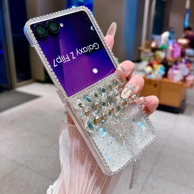 Luxury Rhinestone Butterfly Cute Phone Case For Samsung Galaxy Z Flip 7 6 5 4 Z Flip6 ZFlip7 Cover Korean Hard Cases ZFlip7 Capa