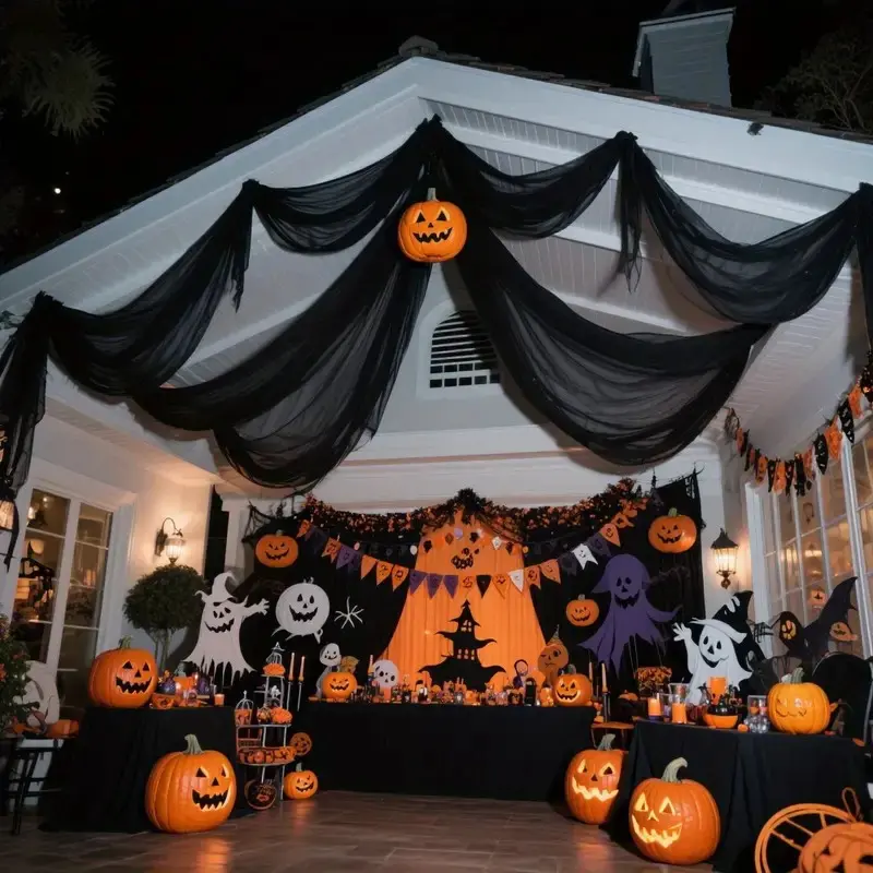 Halloween Luxury Chiffon Arch Drapery, Elegant 2D Mesh Curtain, Transparent Sheer Fabric, Gothic Ghost House Backdrop, Party Decorations, Spooky
