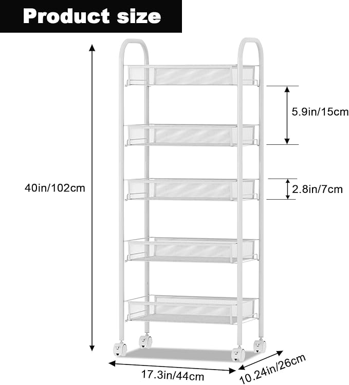 5 Tier Rolling Cart with Wheels Easy Assemble Metal Slim Rolling Storage Cart for Narrow Space On Bedroom Bathroom Laundry Room 5 Tier Rolling Cart with Wheels Easy Assemble Metal Slim Rolling Storage Cart for Narrow Space On Bedroom Bathroom Laundry Room