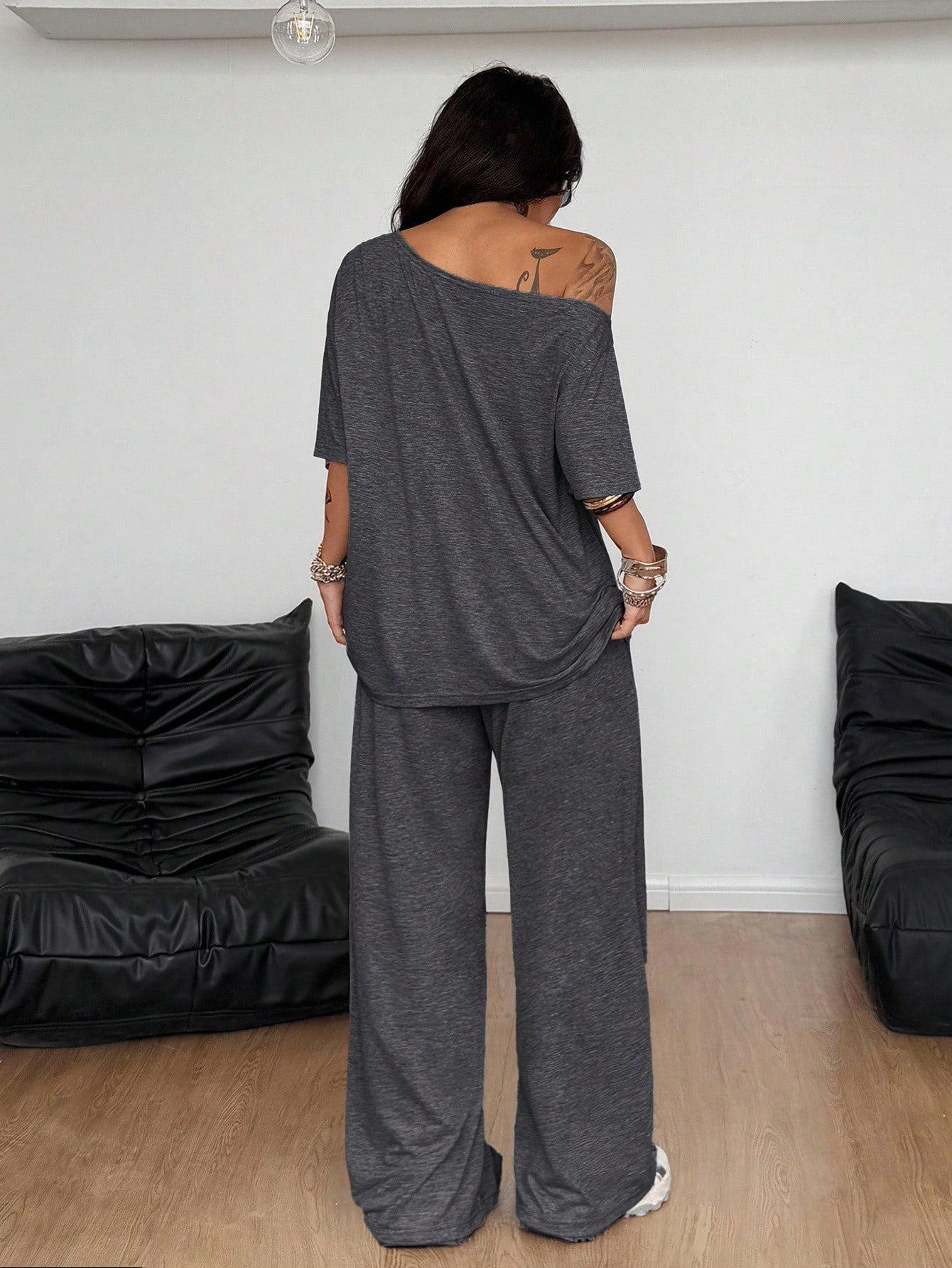 Women Off-Shoulder 2 Piece Set, Oversized Top and Wide Leg Elastic Drawstring Pants