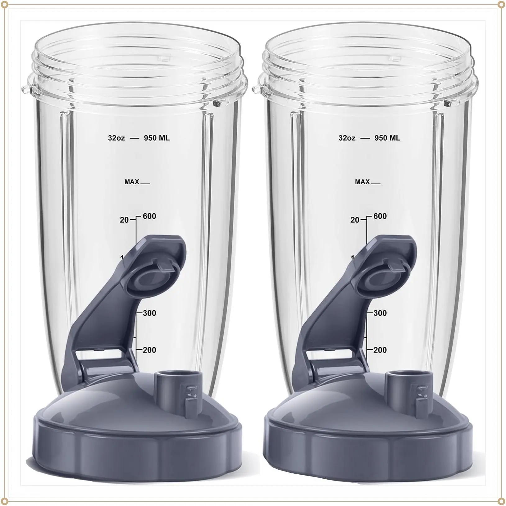 MEET JUICE 2-Pack 32oz Replacement Cups with Flip-Top To-Go Lids & Gaskets (4-Inch Diameter) ;Compatible with NutriBullet 600W/900W Series;NOT for Magic Bullet,Lean, RXGift
