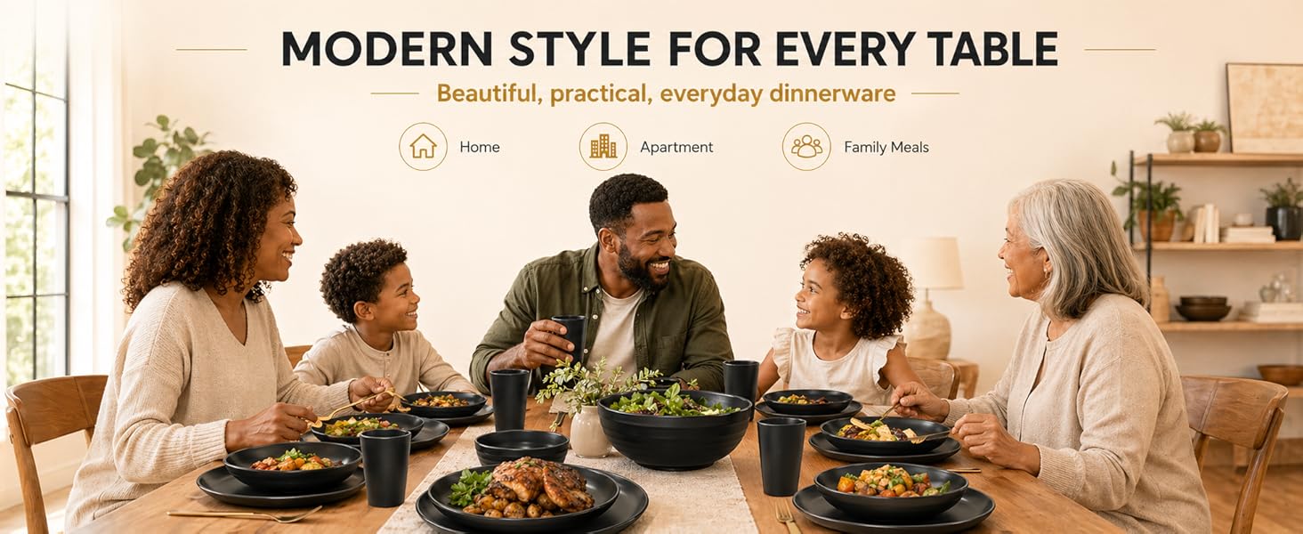32-Piece Kitchen Plastic Wheat Straw Dinnerware Set, Service for 8, Unbreakable Modern Dish Set - Dinner Plate/Dessert Plate/Cereal Bowl/Cup, for Apartment Essentials, Outdoor Camping, Black