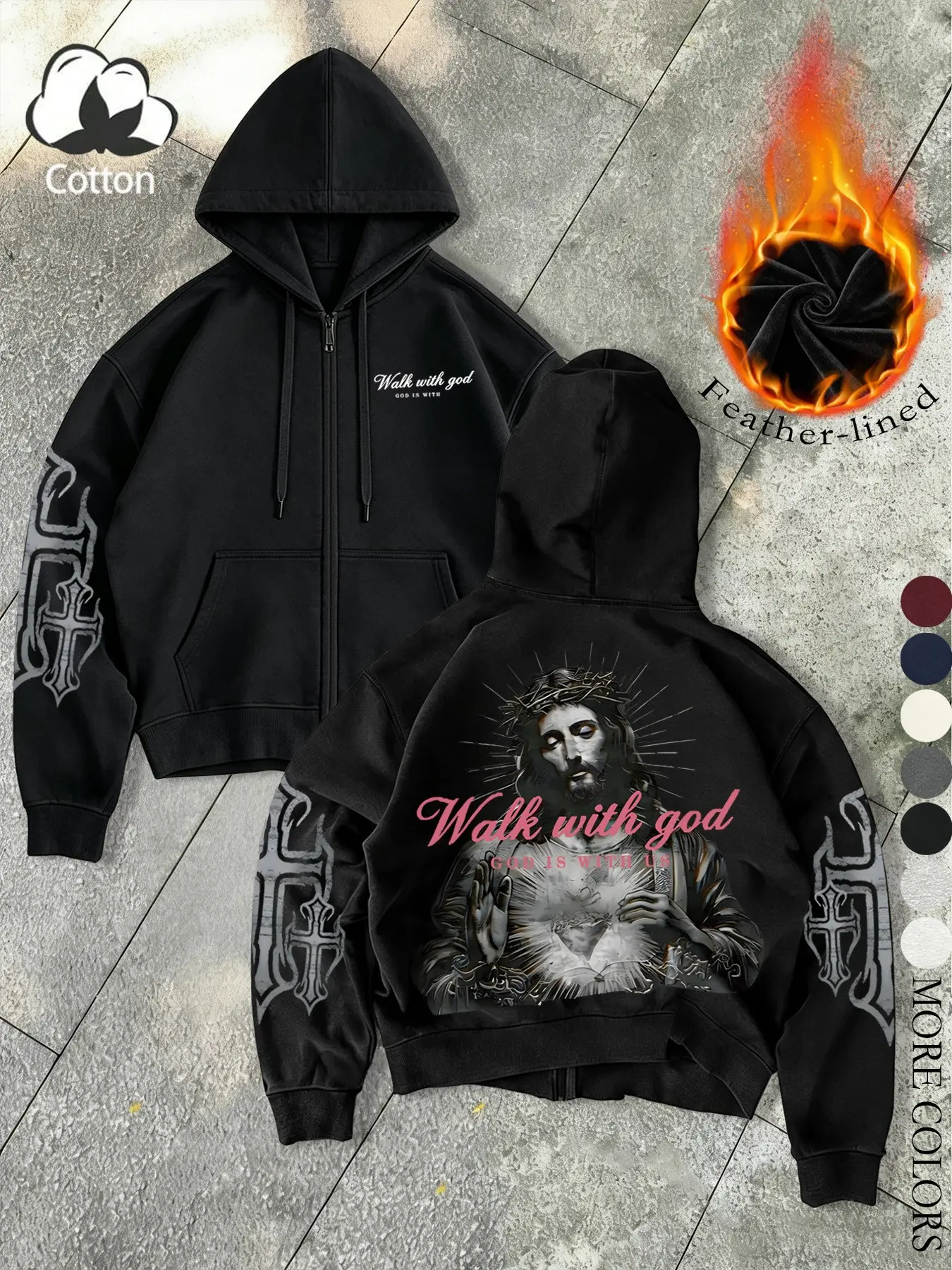 Same design for men and women, Dark-themed Jesus and “Walking with God” slogan print, retro American style zipper Long sleeve sweatshirt, perfect for keeping warm in autumn and winter, with fleece lining