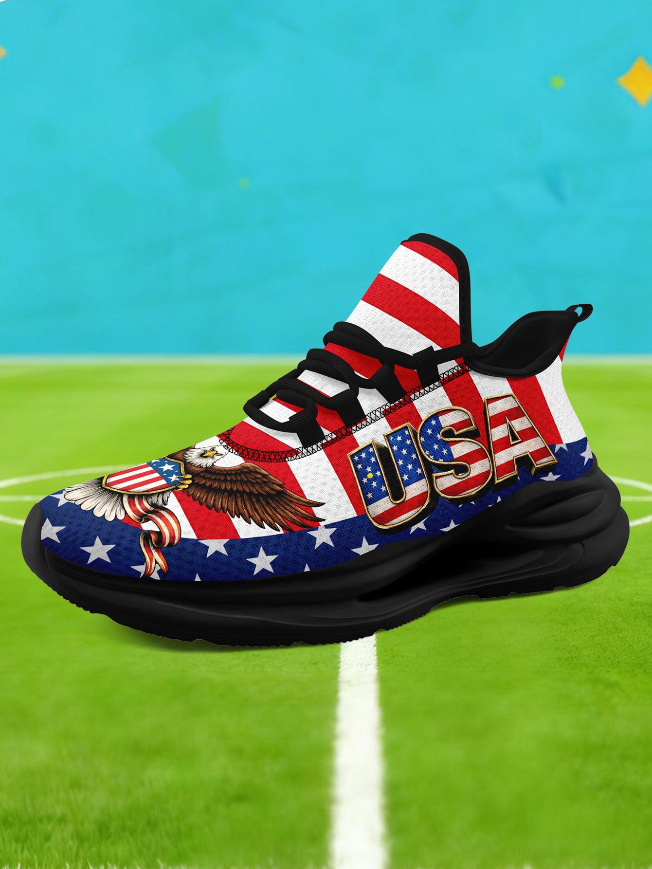 Men's Bold US Eagle Graphic Sports Shoes, Breathable Lightweight Athletic Blade Sneakers, Comfortable Plus Size Casual Footwear