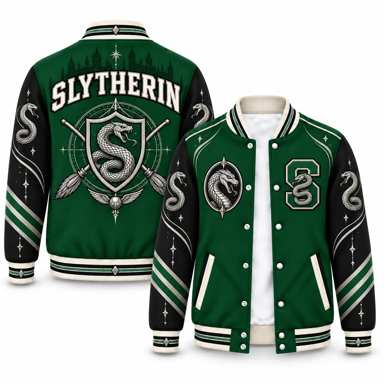 Harry Potter Slytherin Graphic Varsity Jacket, Hogwarts Snake House Crest Green Black Baseball Letterman Jacket, Snap Button Long Sleeve Outerwear