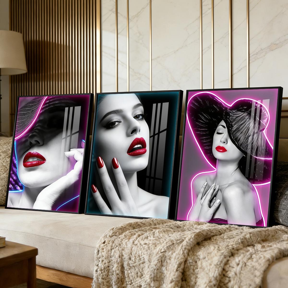 3 Counts Aluminum Alloy Framed Painting, Neon Beauty Portrait Art With Red Lips And Nails, Home Decoration For Living Room, Bedroom, Office, Restaurant, Hallway Wall Decor, Odorless Print Artwork, Luxury Perfect Gift For Friends And Family