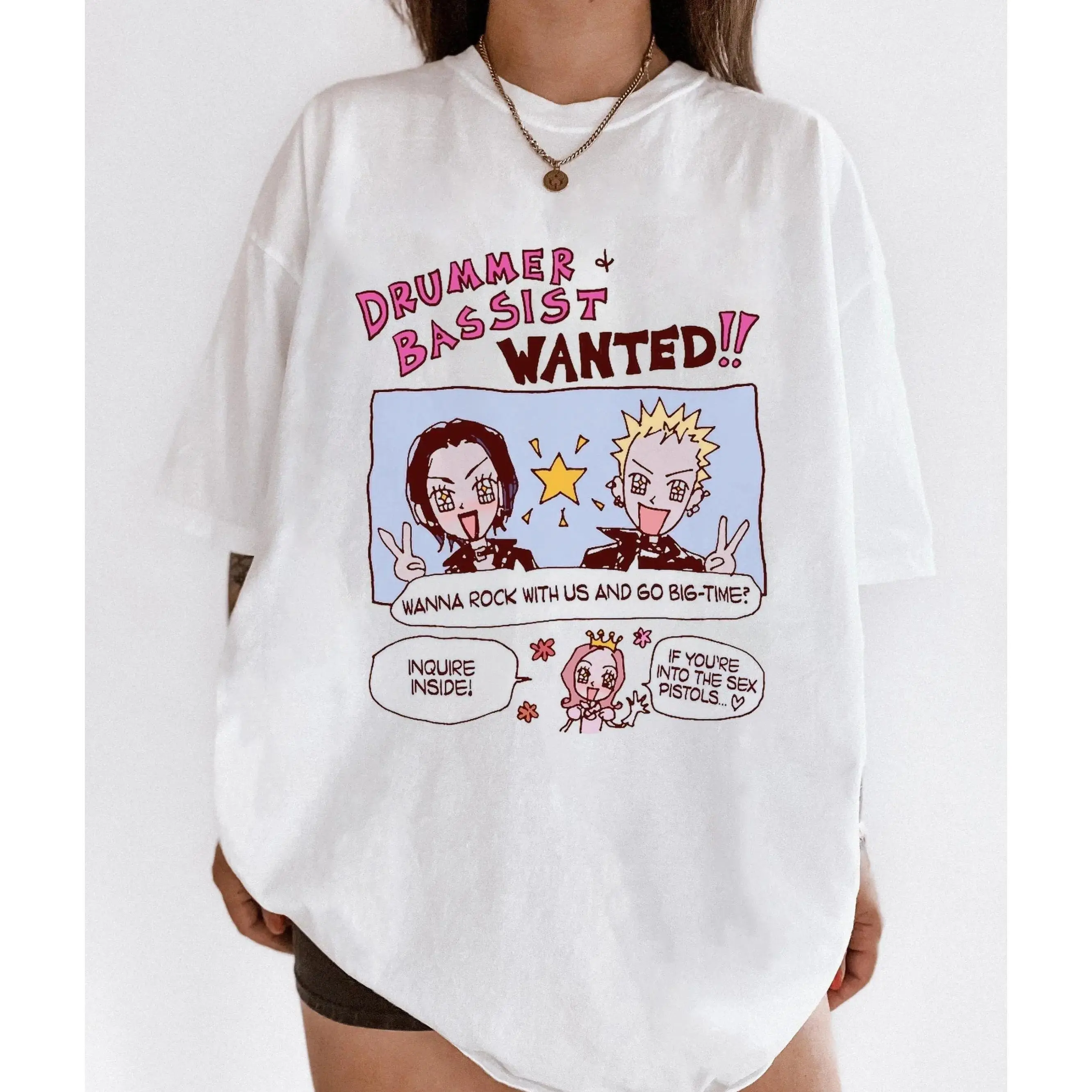 Drummer Bassist Wanted Anime Rock Band White Tee Retro Cartoon Music Fan Unisex Short Sleeve Tops
