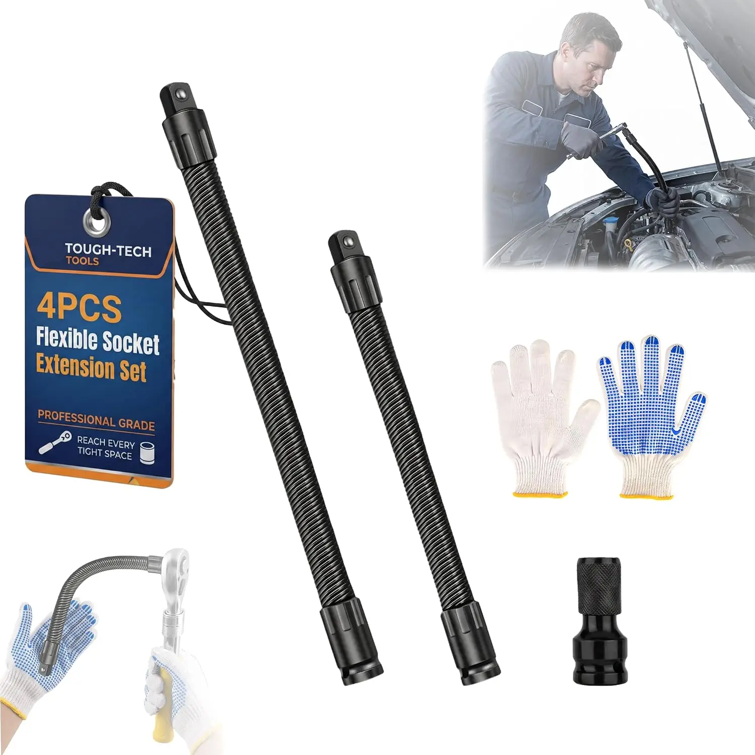 1/2" Drive Flexible Socket Extension Set, 10" & 14" Heavy Duty Flex Ratchet Extension Bar, Electric Ratchet Extender, Steel Torque Socket Extender for Engine  & Tight Spaces(4-)