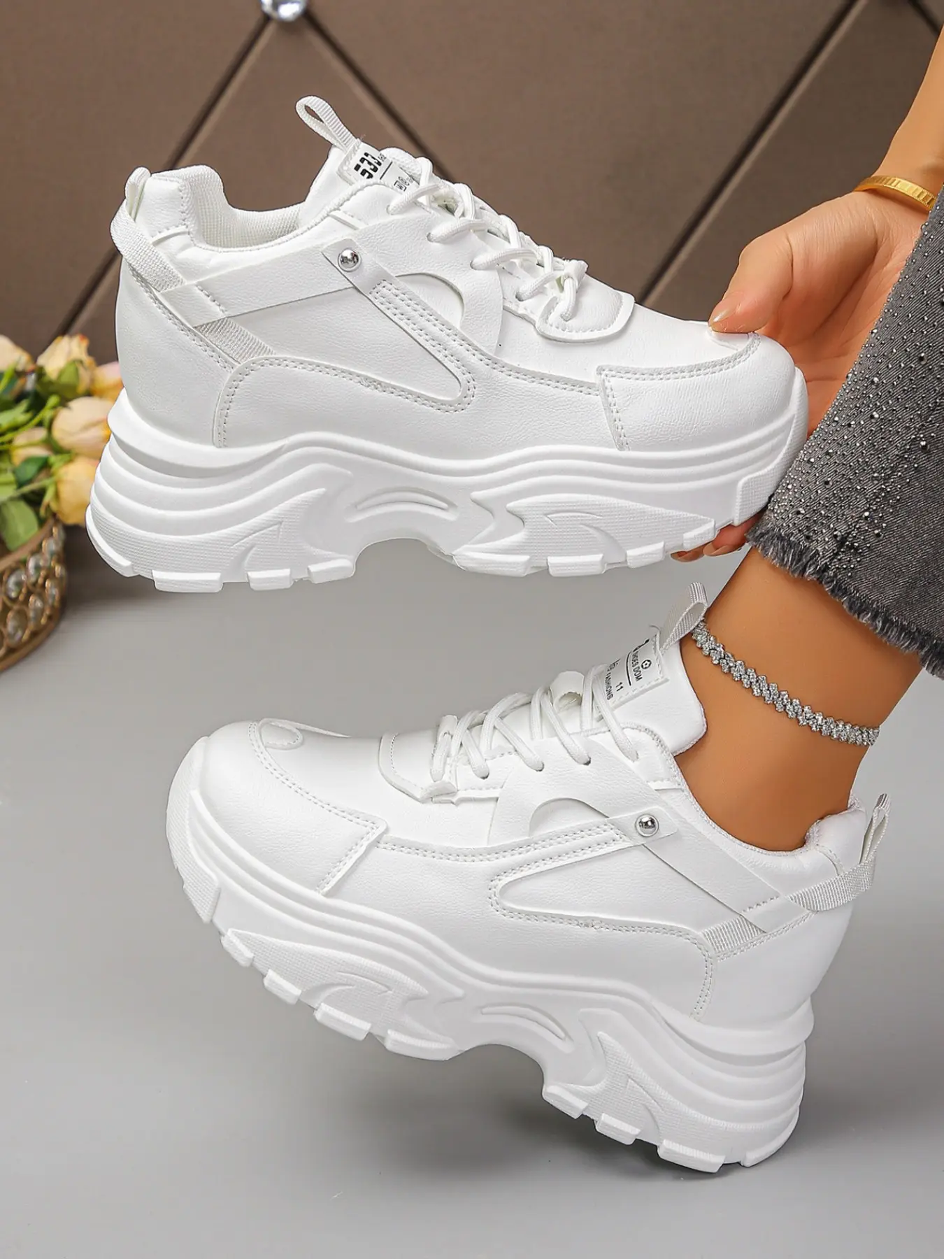 Women's Casual Sneakers, Sports Shoes, Invisible Thick Sole, Low Top, Lightweight Shock Absorption, Lace-Up, PU Leather, All Seasons, Versatile Style