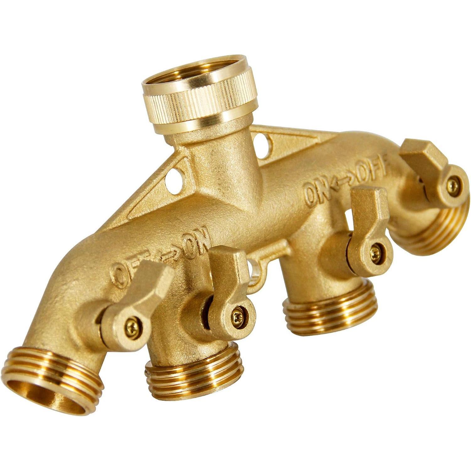 4 Way Brass Hose Splitter, 3/4" Heavy-Duty Brass Garden Hose Splitter, Garden Hose Adapter Connector