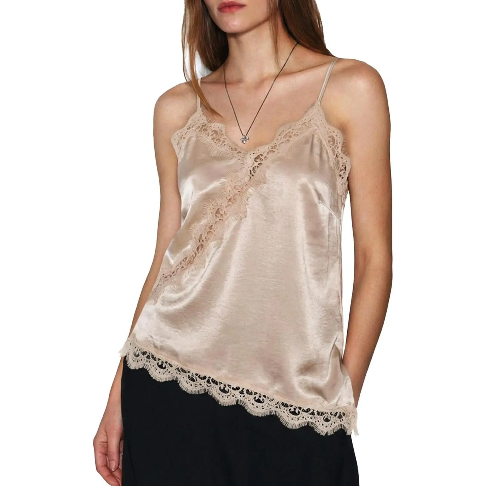Cicy Bell Women Summer Satin Cami Tops Spaghetti Strap Lace V Neck Cute Camisole Party Pajamas Asymmetrical Hem Tank Tops